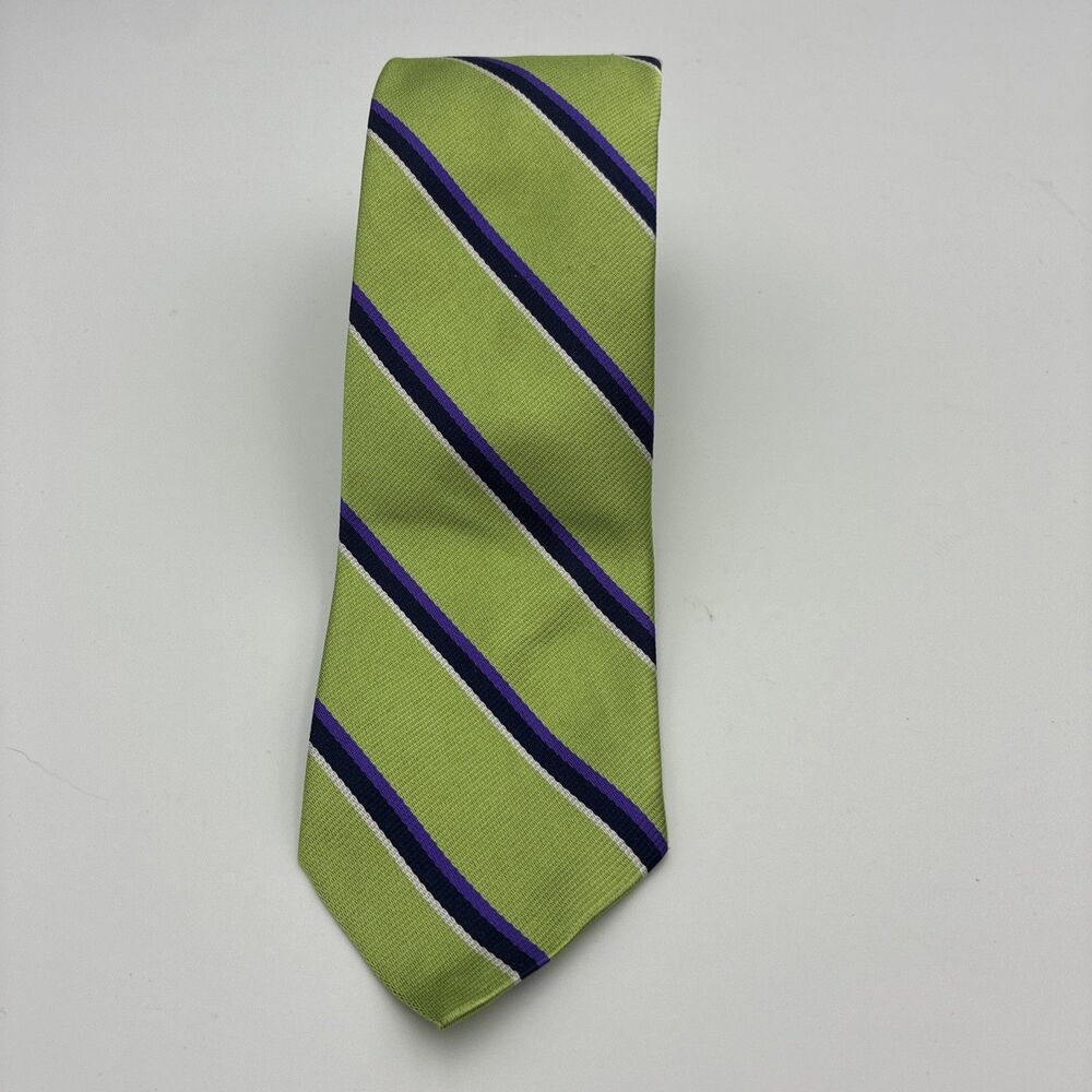 J. Crew Repp Tie Men's Green Striped 100% English Silk Made In The USA - Preppy